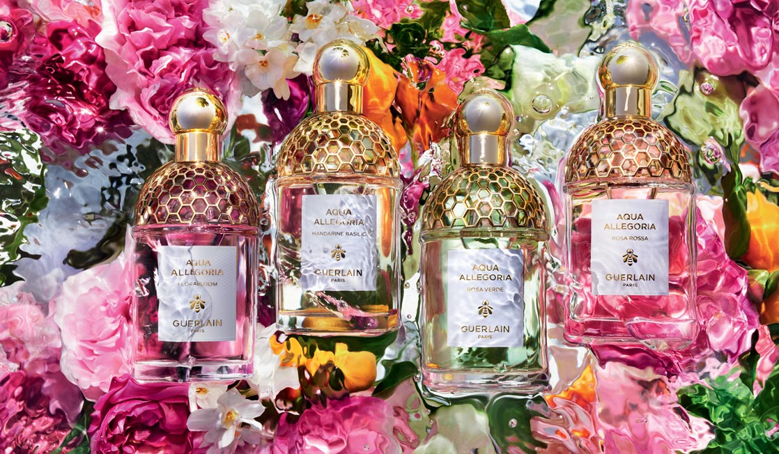 GUERLAIN Aqua Allegoria Florabloom, Madarine Basilic, Rosa Verde, Rosa Rossa, Eau de Toilette Bottles.